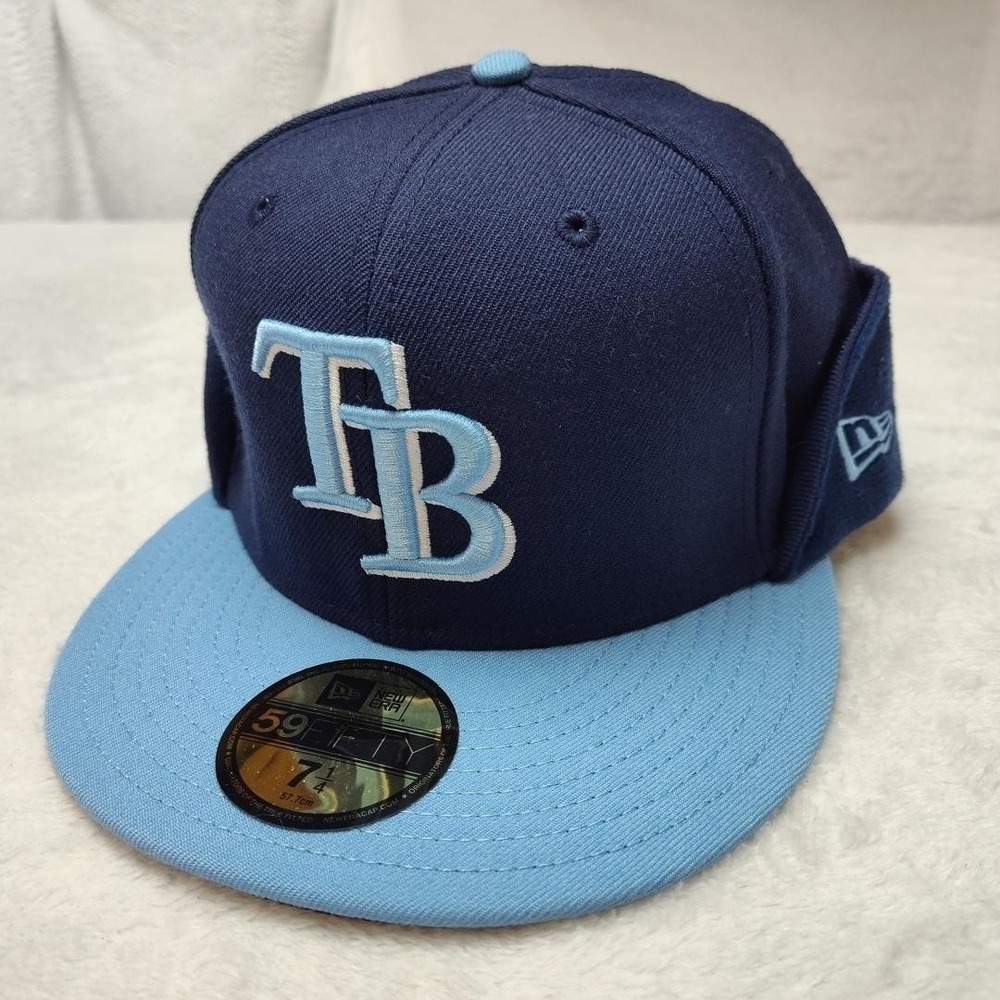 New Era Tampa Bay Rays Hat Cap Fitted Mens 7 1/4 Blue 59FIFTY MLB Wool Flipdown